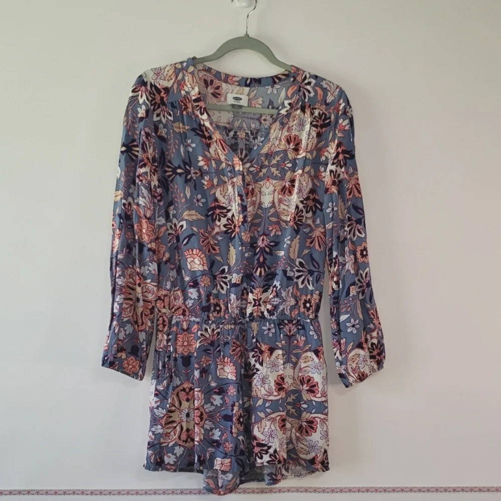 OLD NAVY Romper Floral Blue Small Cinch Waist Long Sleeves Beach Boho Festival
